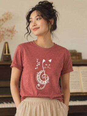 Treble Clef Cat Tee Womens M Heathered Brick Red Piano Music Shirt